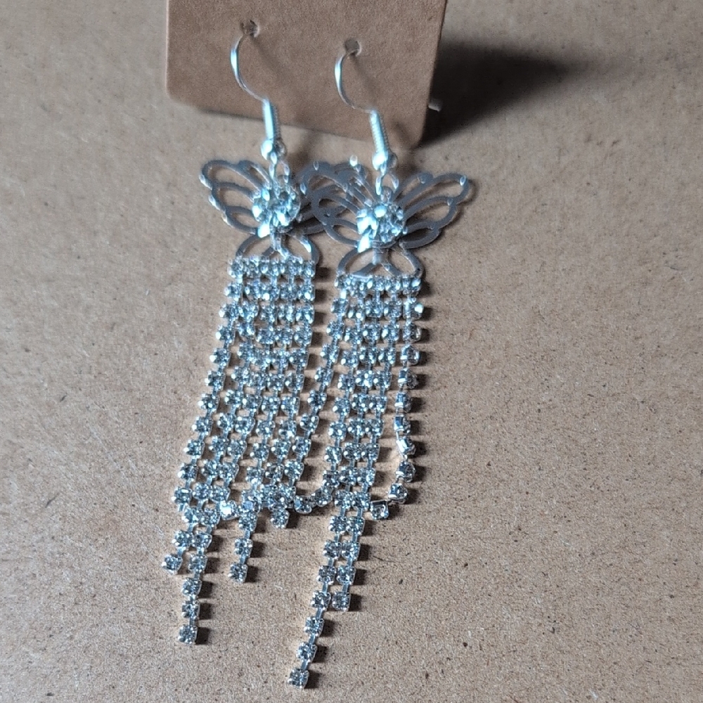 Silver Butterfly Crystal Fringe Dangle Earrings - Women's Sparkle Jewelry
